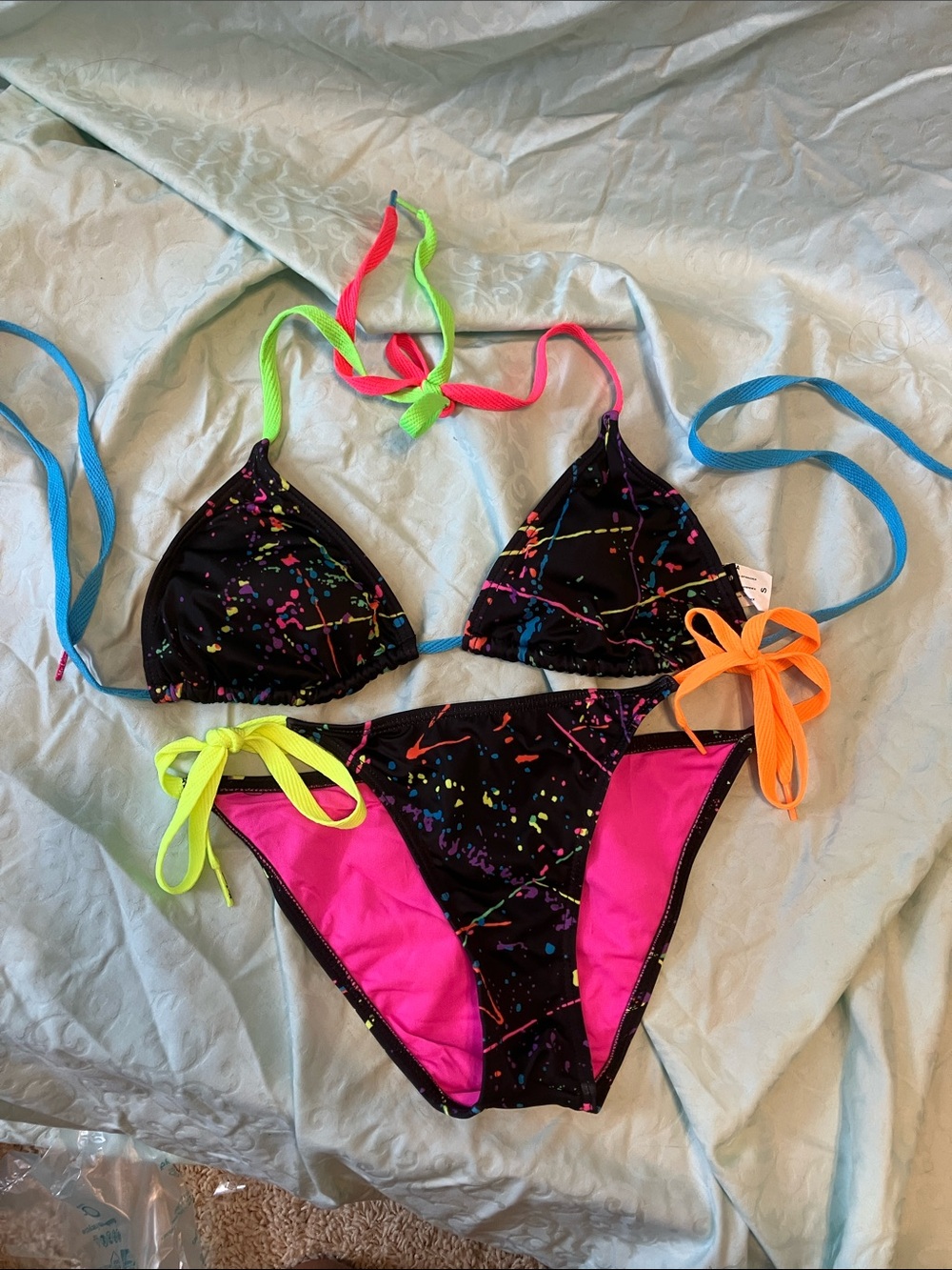 Neon Splatter Triangle Bikini - Black with Pink & Neon Accents